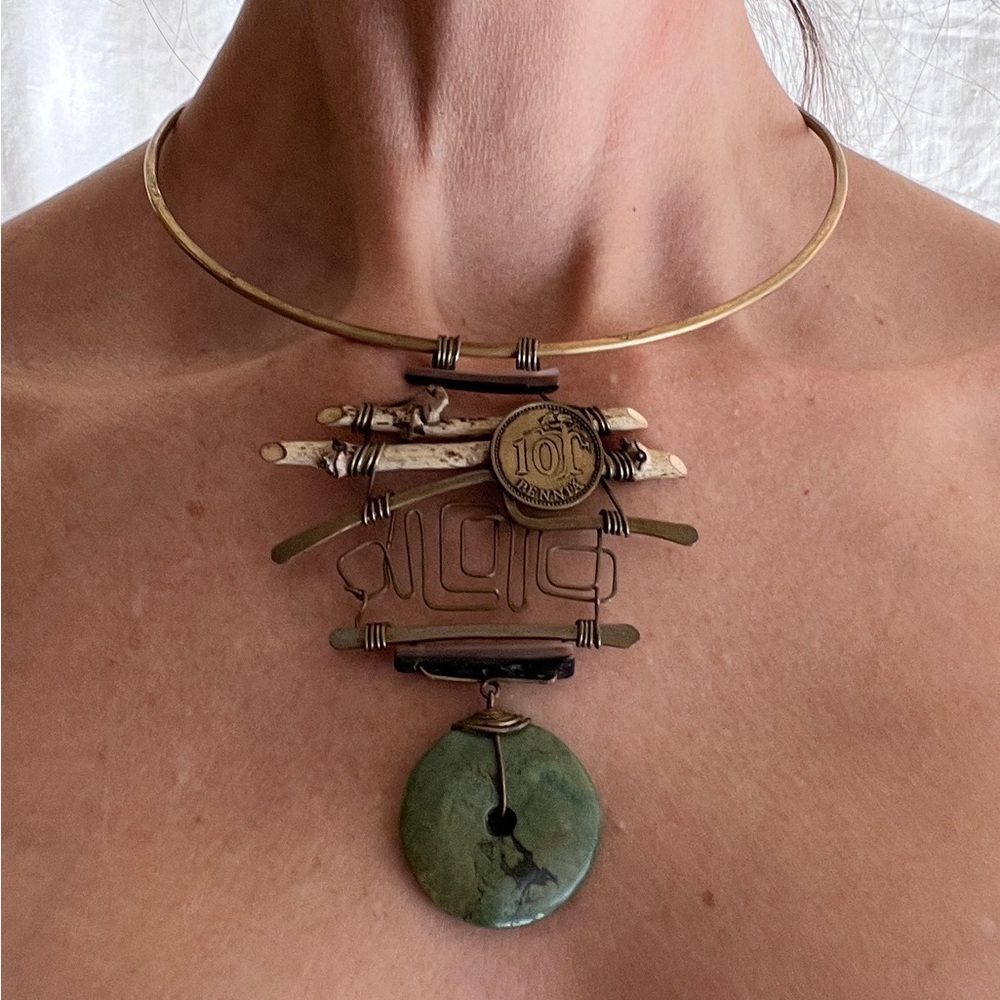 Unique Artisan Necklace with Green Stone and Gold Accents